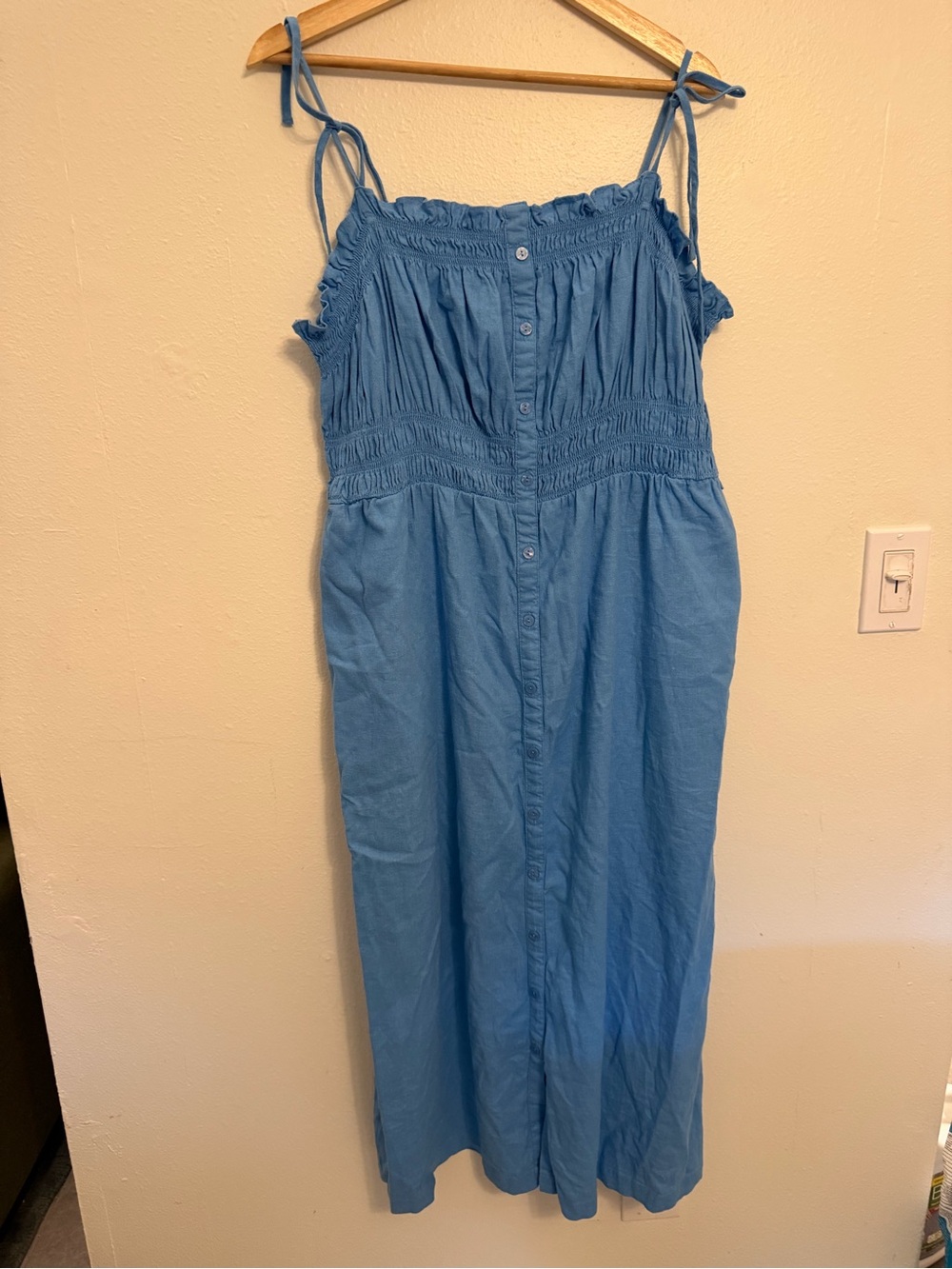 SO Light Blue Button-Front Maxi Dress with Tie Straps linen blend